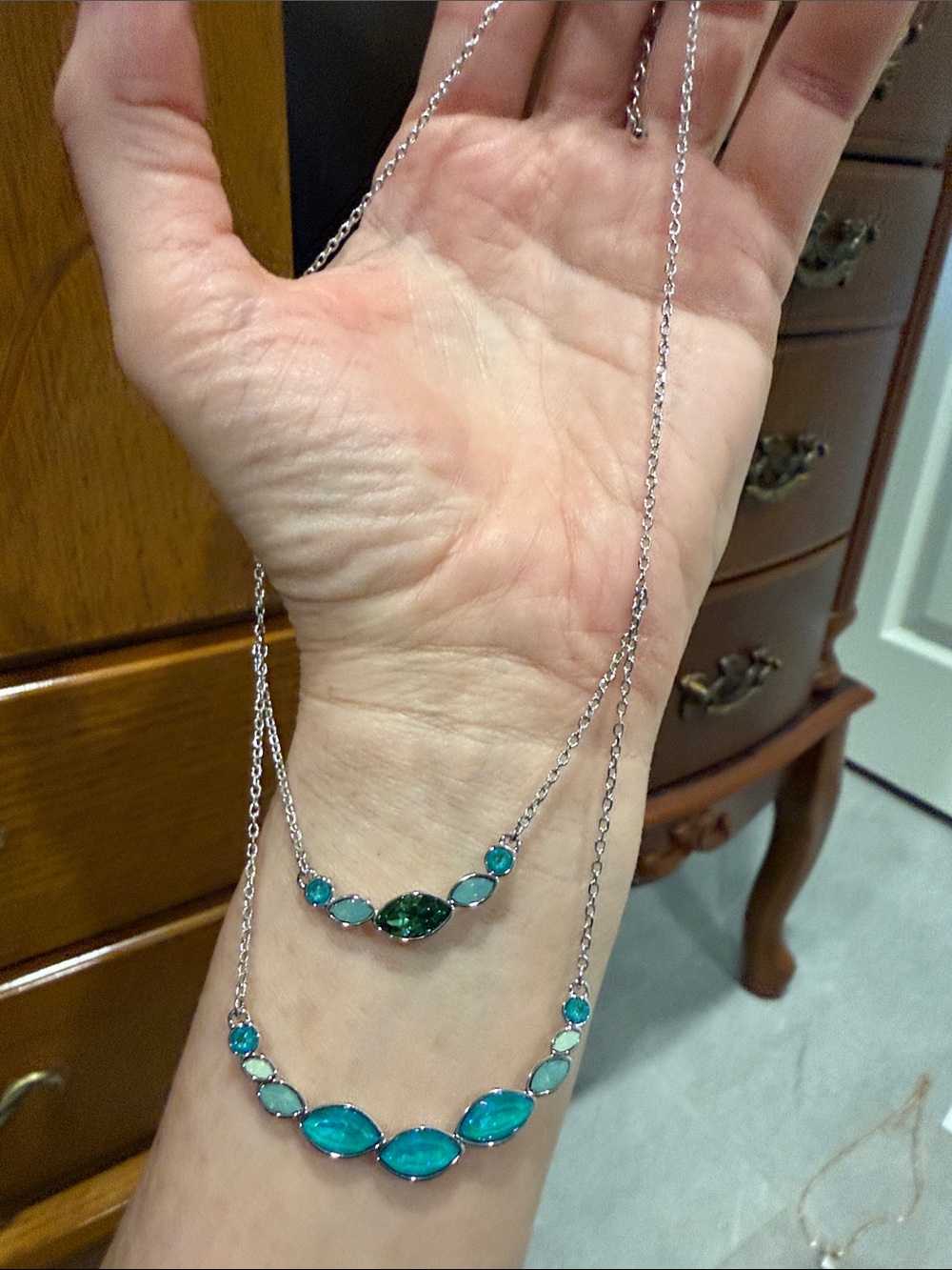 Touchstone Crystal Double-Layer Silver Necklace with Teal and Emerald Stones